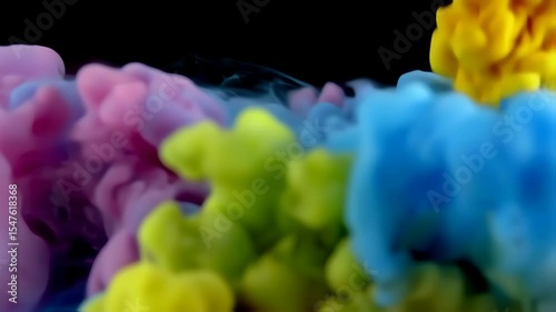 Colorful Ink Cloud Explosion, Dynamic Abstract Art in Motion on Black Background.