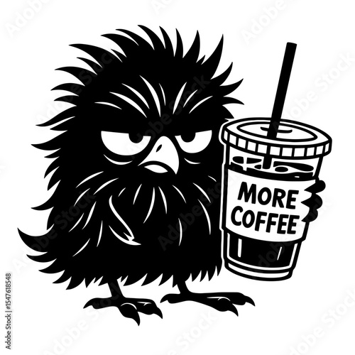  Furry Bird Creature Holding "More Coffee" Cup - Black and White Animal Illustration
