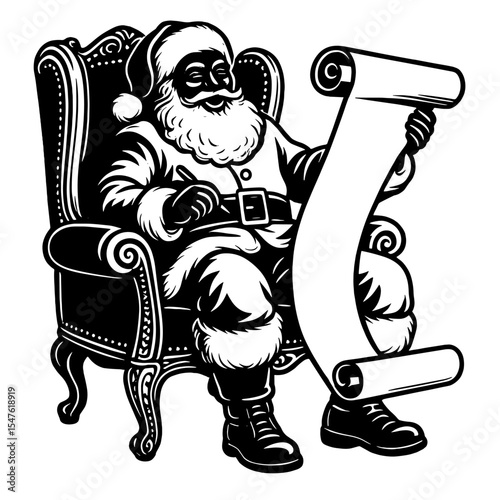 Santa Claus Reading Naughty and Nice List on Chair - Christmas Line Art Illustration
