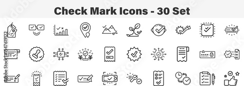 Set of 30 outline Check Mark icons. Line art icon collection. Editable stroke. Vector illustration