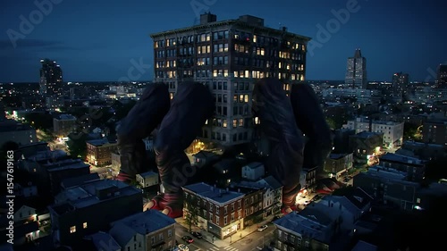 Night city viewed from above, giant legs looming over buildings, creating a surreal, ominous atmosphere, suggesting power, scale, and vulnerability