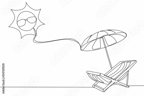 Single one line drawing beach chairs and beach umbrellas on top of which is the sun wearing sunglasses. Summer vacation. Relax. International Sun Day. Continuous line design graphic illustration