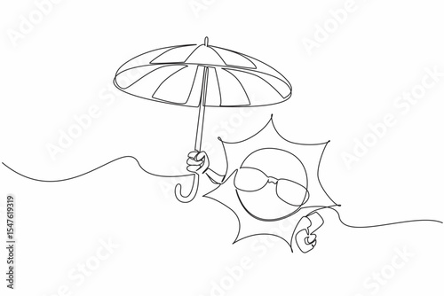 Single continuous line drawing sun wearing sunglasses holding big umbrella. Take a vacation to the beach, stay sheltered. Global warming. International Sun Day. One line design vector illustration