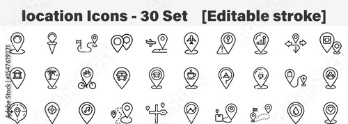 Set of 30 outline location icons. Line art icon collection. Editable stroke. Vector illustration