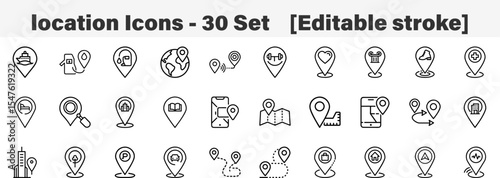 Set of 30 outline location icons. Line art icon collection. Editable stroke. Vector illustration