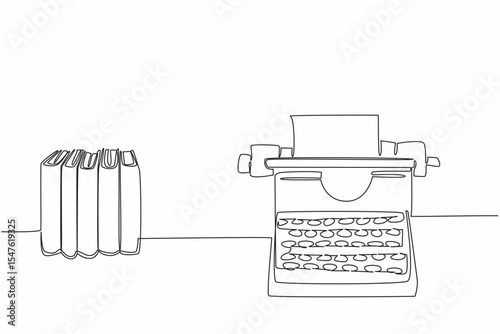 Single one line drawing a typewriter with paper and a row of fairly thick books. A best work of contemplation. Peaceful mind. Inspiration. Wordsmith Day. Continuous line design graphic illustration