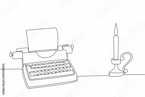 Continuous one line drawing a typewriter with paper, and a candle with a stand. A serene atmosphere for inspiration. Author. Self advisor. Wordsmith Day. Single line draw design vector illustration