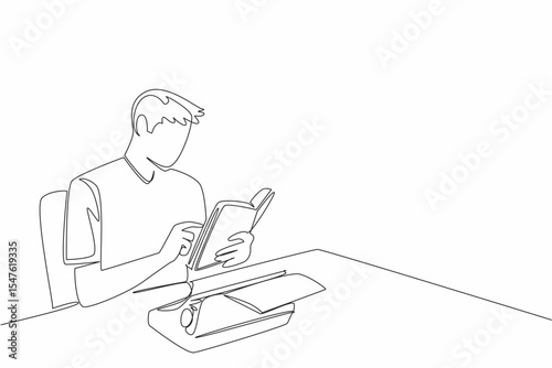 Single one line drawing man sitting holding a book and there is a typewriter with paper on it. Binding knowledge by taking notes. Writer. Wordsmith Day. Continuous line design graphic illustration