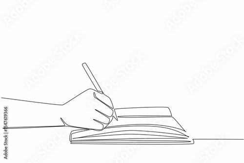 Continuous one line drawing hand writing using a pen on a thick book. Making prose. Romantic poems. Writing life stories. Author. Signature. Wordsmith Day. Single line draw design vector illustration