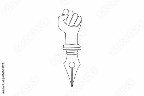Single continuous line drawing a hand that is clenched into fist, bottom like pen. Symbolism. The struggle to convey news through writing. World Press Freedom Day. One line design vector illustration