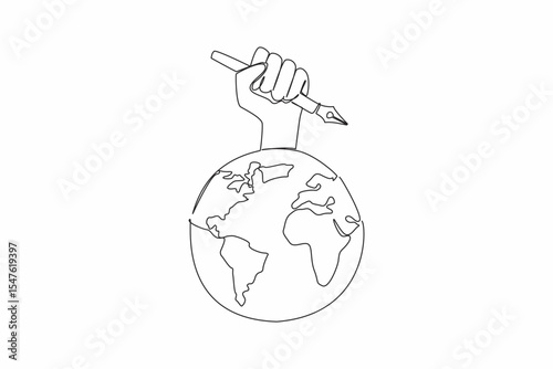 Single one line drawing hand holding a pen on a globe. Journalists record news. To be reported to the whole world. Democracy notes. World Press Freedom Day. Continuous line design graphic illustration