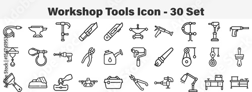 Set of 30 outline Workshop Tools Icon. Line art icon collection. Editable stroke. Vector illustration