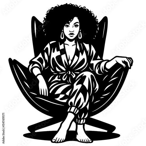 Stylish Black Woman Sitting on Vintage Throne Chair in Bold Afro Hairstyle - Black and White Illustration
