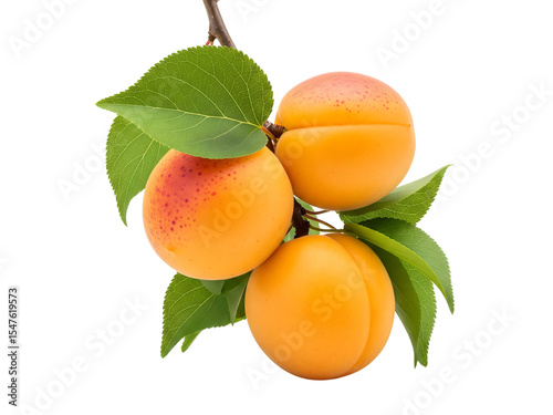 Fresh Apricots with Leaves on Branch Isolated on Transparent Background – Ripe Summer Fruit with Green Foliage