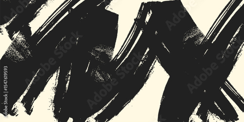 Grainy black bold brush stroke with spray texture. Hand drawn distress damaged edge vintage template  banner. Grainy bold brush strokes texture with small dots. Retro vector background for posters.
