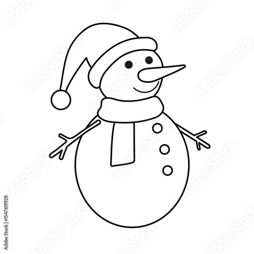 Linear drawing of snowman isolated on a white background. Linear icon, vector illustration. Cheerful snowman with cap and scarf.	