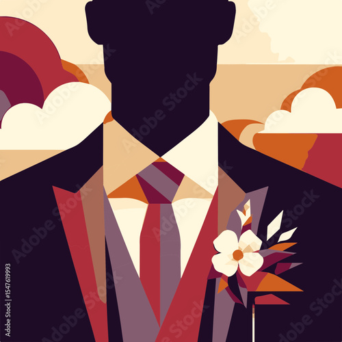 Abstract portrait of a groom in a suit with a floral boutonniere  