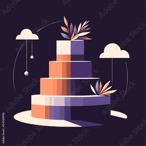 Abstract geometric illustration of wedding cake with floral decor