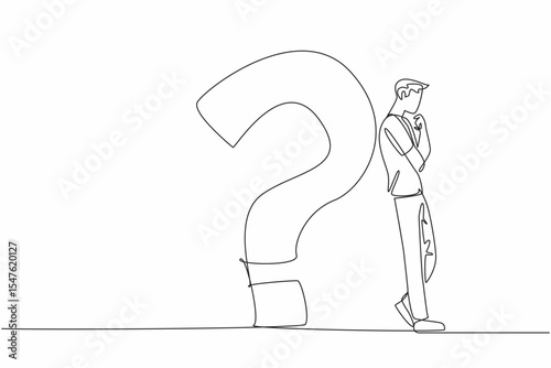 Single continuous line drawing man in casual clothes leaning his back against big question mark. Find the best solution. Get out of trouble. National Day of Reason. One line design vector illustration