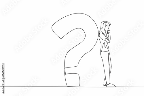 Single continuous line drawing man in casual clothes leaning his back against a big question mark. Questioning the destiny of life. Pensive. National Day of Reason. One line design vector illustration