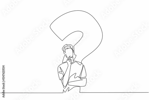 Single one line drawing man with thinking gesture with big question mark background. Thinking very hard to find a solution. Idea. National Day of Reason. Continuous line design graphic illustration