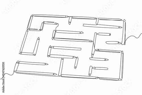Single one line drawing maze made of colored pencils. Brain training game to find a way out. Pleasant. The problem solver. Educational. World Labyrinth Day. Continuous line design graphic illustration