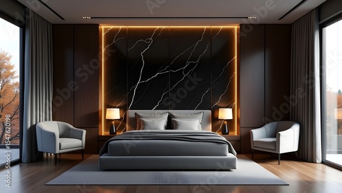 Elegant Bedroom Setup with Bed and Soft Lighting