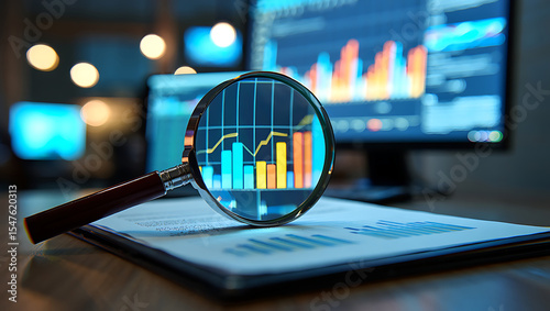 Magnifying glass over bar graph on financial documents, analyzing data charts on computer screens in a dark office.
