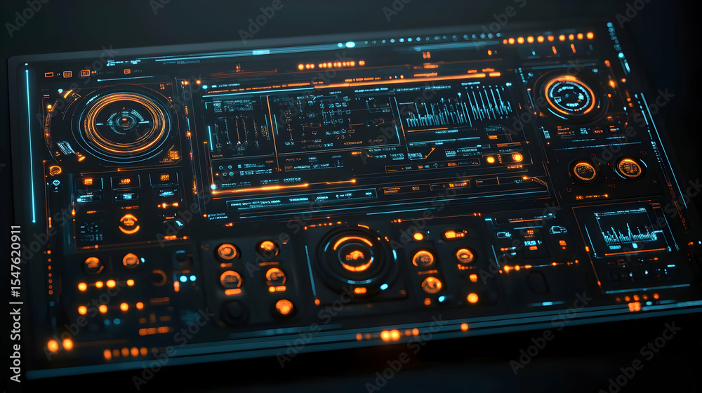 Obraz premium Futuristic digital interface with glowing orange and cyan elements. High-tech control panel graphic design. Ideal for sci-fi, tech, or gaming projects.