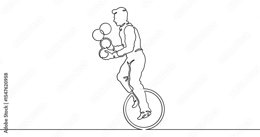 Naklejka premium Continuous one line drawing circus artist. Circus. The juggler juggles. Circus performance. One continuous line isolated minimal illustration.Not AI.