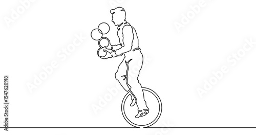 Continuous one line drawing circus artist. Circus. The juggler juggles. Circus performance. One continuous line isolated minimal illustration.Not AI.