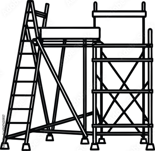 Black and White Line Art Vector Illustration of Scaffolding Frames and Ladders