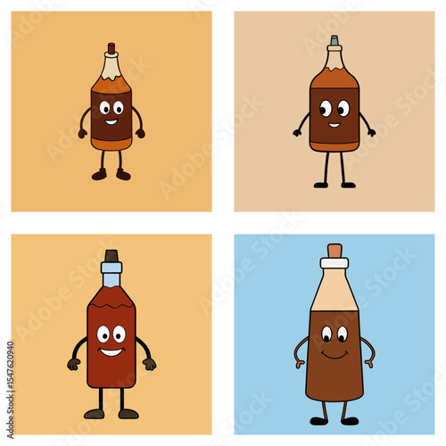 Four panels showing cartoon bottles with faces and limbs on different backgrounds and bottle styles
