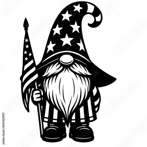 gnome, usa flag, torch, patriotic, vector art, black and white, cartoon gnome, national pride, americana illustration, usa celebration
