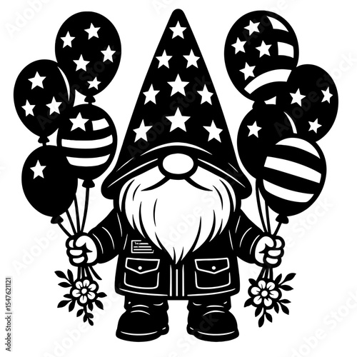 Patriotic Gnome with Stars and Stripes, Holding Flag, Black and White Vector Design
