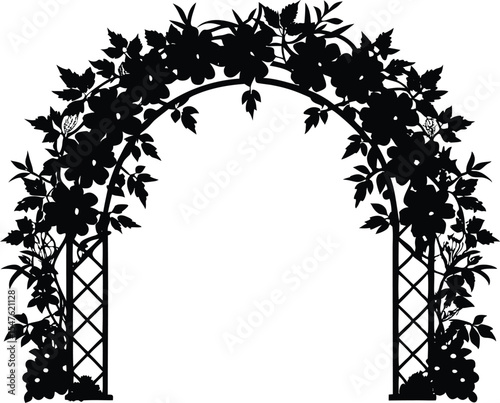 Garden Arch Covered in Vines Silhouette, Floral Vine Garden Archway Art