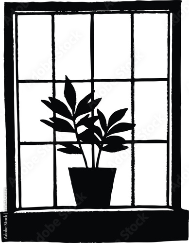 Houseplant Window Frame Scene Silhouette, Indoor Plant Window Decor