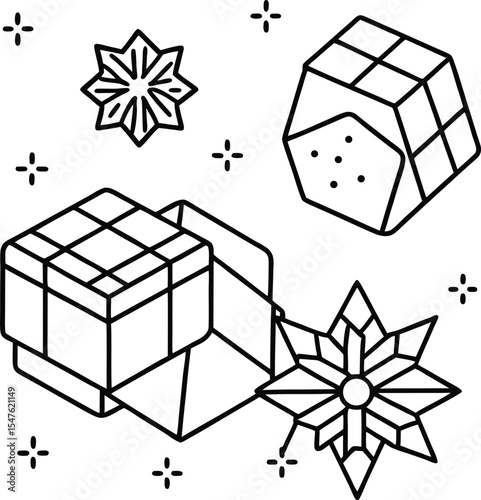 Black Line Art Vector Ice Cubes Snowflakes Gift Boxes Geometric Winter Design icicles