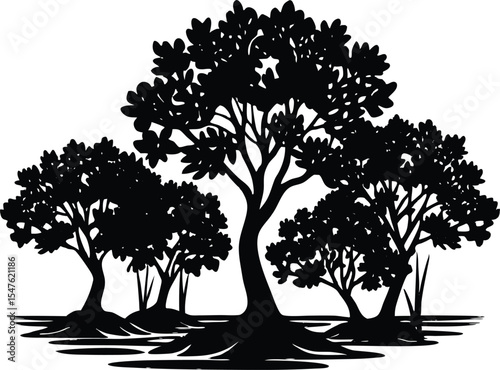 Mangrove Trees on Coastline Silhouette, Coastal Mangrove Tree Illustration