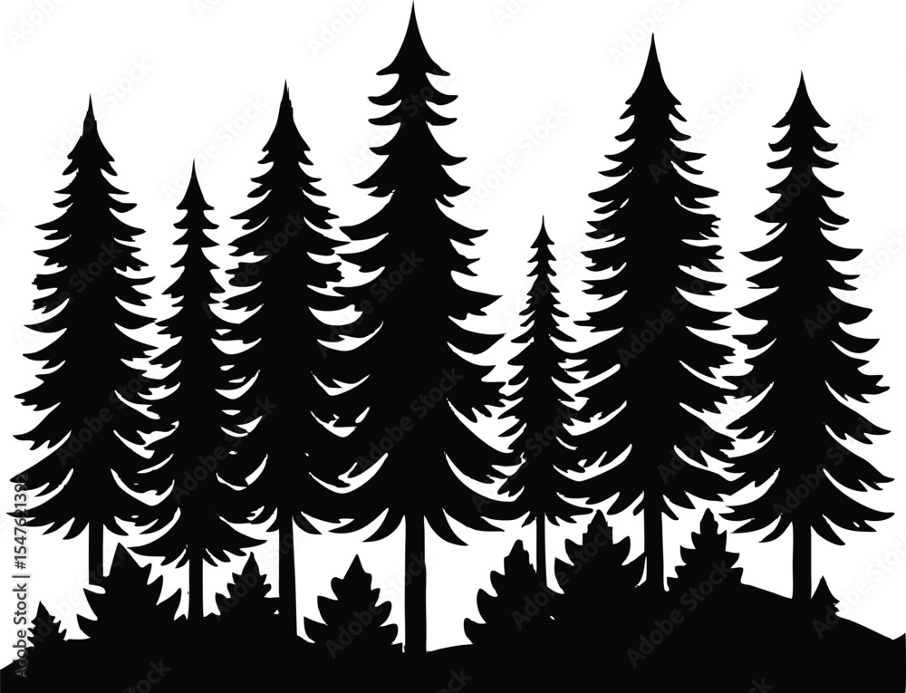 Obraz premium Pine Forest with Fog Landscape Silhouette, Misty Pine Woods Illustration