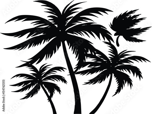 Palm Trees Swaying in Wind Silhouette, Tropical Palm Windy Scene