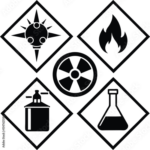 Black Silhouette Vector Chemical Hazard Symbols Explosives Fire Radiation Container Flask white