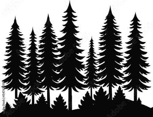 Pine Forest with Fog Landscape Silhouette, Misty Pine Woods Illustration