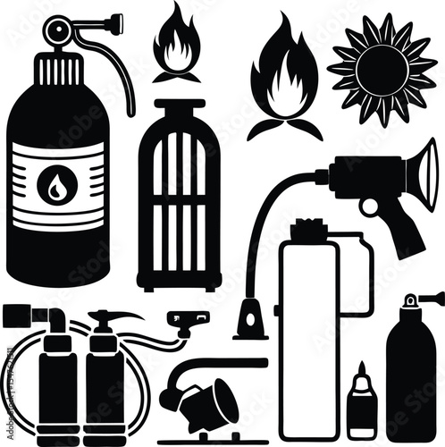 Black Silhouette Vector Illustration Fire Extinguishers Fire Hose Safety Equipment Icons Set