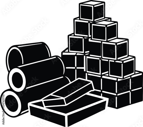 Black Silhouette Vector Illustration of Concrete Blocks Bricks and Cylinders