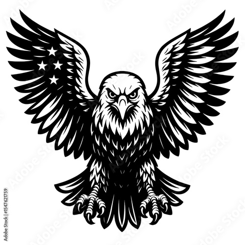 Patriotic bald eagle with upward spread wings and American flag pattern, black and white vector illustration symbolizing liberty and strength
