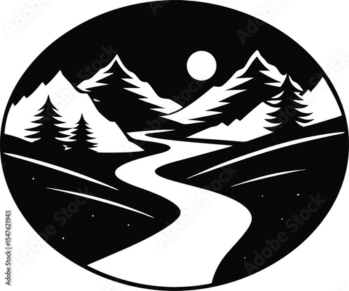 Valley View with River Winding Silhouette, Scenic Valley River Art