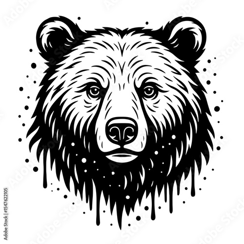 Black and white vector illustration of a bear head with intricate details
