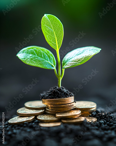 Young plant sprouting from pile of gold coins, representing growth, investment, and financial success.  Concept image for business, finance, and sustainability.