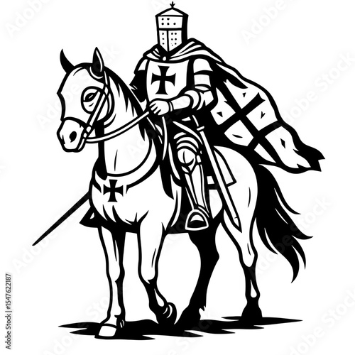 Black and white vector illustration of a medieval knight in armor riding a horse with a cross emblem
